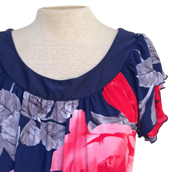 Majora Navy Blue Pink Rose Floral Ruffle T-shirt L - Picture 3 of 4